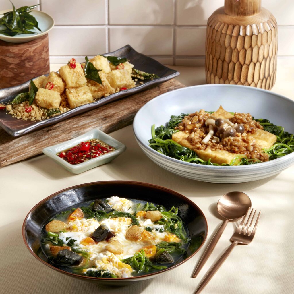 Deep Fried Tofu with Salted Egg & Cereal, Tofu with Pine Mushrooms & Braised Spinach, Poached Chinese Spinach with Trio Eggs