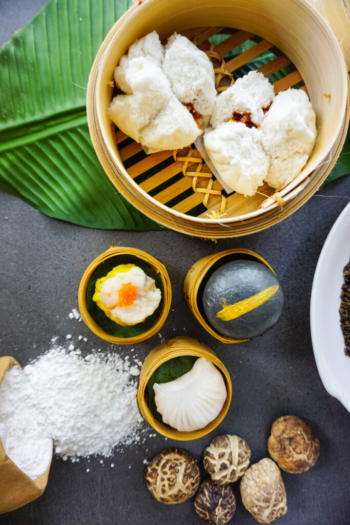 Dimsum Group Photo (Steamed Honey Glazed BBQ Pork Bun, Steamed Siew Mai, Steamed Har Gao, Japanese Bamboo Charcoal Salted Egg Lava Buns (Liu Sha Bao))