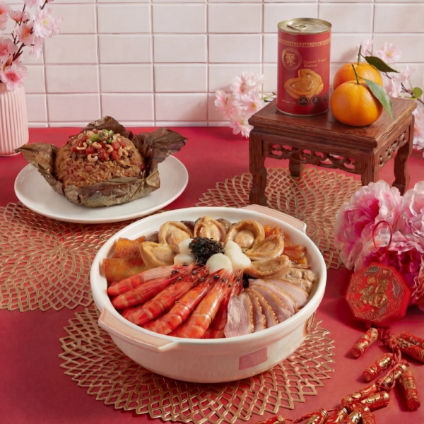 JU-CNY26-$298 JU Treasures Pen Cai Pot Moodshot with 1 Can of Six-Head Abalone and Lotus Leaf Rice with Chinese Sausage