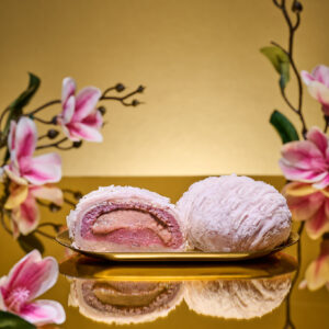 Chef Wong's Flaky Teochew Salted Egg Lava Purple Sweet Potato mooncake, whole and halved showing purple sweet potato filling with molten salted egg centre