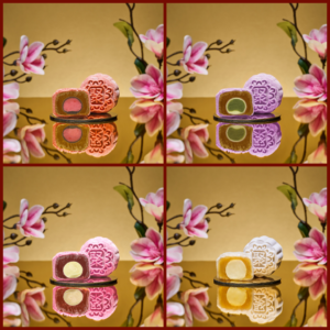 Four Mini Snowskin mooncakes by JU Signatures, halved to show pink, green, cream and golden fillings, each stamped with the 聚 character